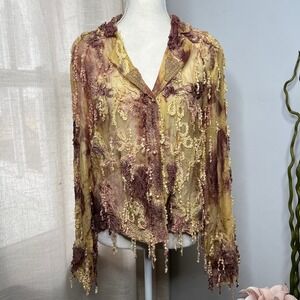 Sandy Starkman Tassle Applique Blouse Button Front Women's Size Medium Brown/Tan